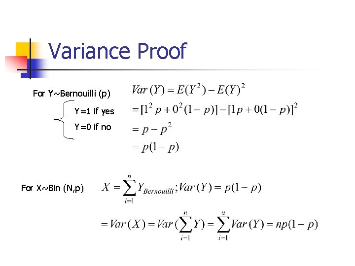 Variance Proof For Y~Bernouilli (p) Y=1 if yes Y=0 if no For X~Bin (N,