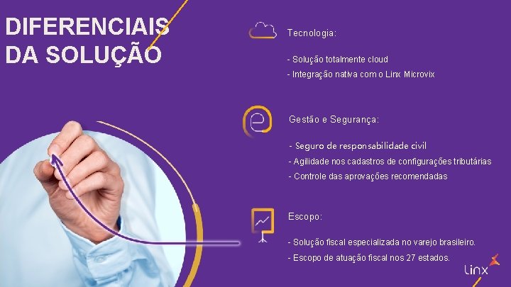 DIFERENCIAIS DA SOLUÇÃO Tecnologia: - Solução totalmente cloud - Integração nativa com o Linx