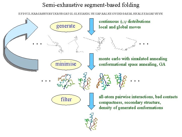 Semi-exhaustive segment-based folding EFDVILKAAGANKVAVIKAVRGATGLGLKEAKDLVESAPAALKEGVSKDDAEALKKALEEAGAEVEVK generate … continuous f, y distributions local and global moves