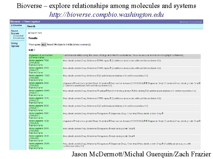 Bioverse – explore relationships among molecules and systems http: //bioverse. compbio. washington. edu Jason