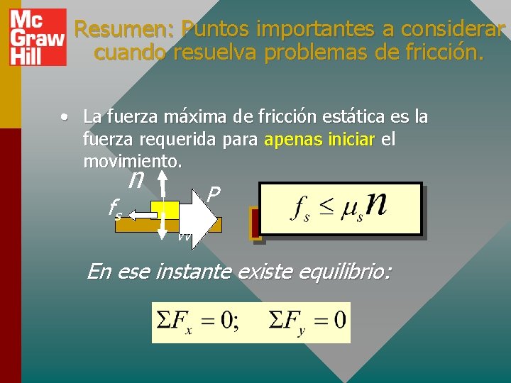 Resumen: Puntos importantes a considerar cuando resuelva problemas de fricción. • La fuerza máxima