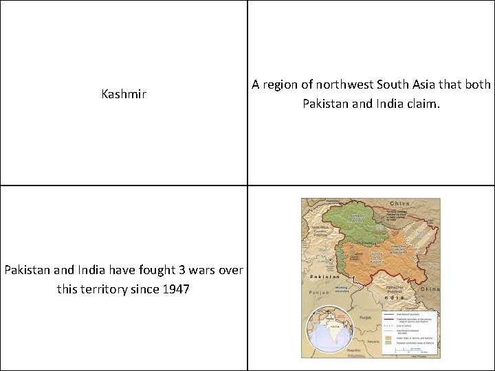 Kashmir Pakistan and India have fought 3 wars over this territory since 1947 A