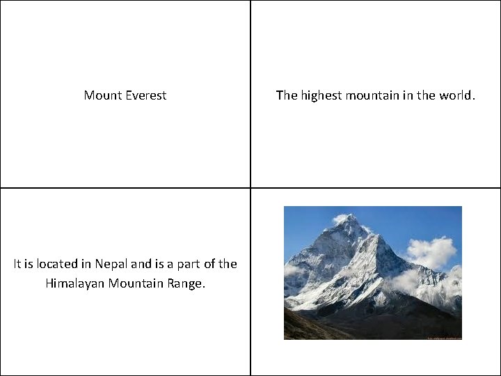 Mount Everest It is located in Nepal and is a part of the Himalayan