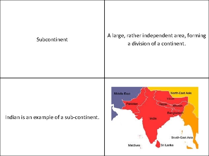 Subcontinent Indian is an example of a sub-continent. A large, rather independent area, forming