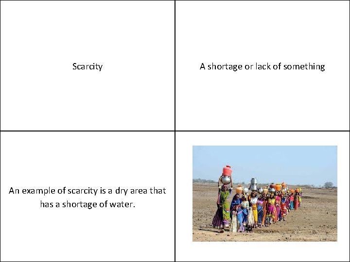 Scarcity An example of scarcity is a dry area that has a shortage of