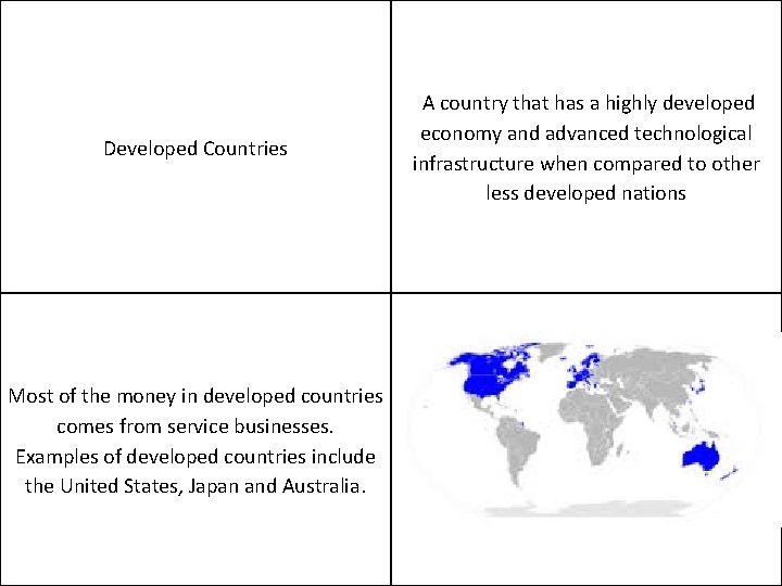 Developed Countries Most of the money in developed countries comes from service businesses. Examples