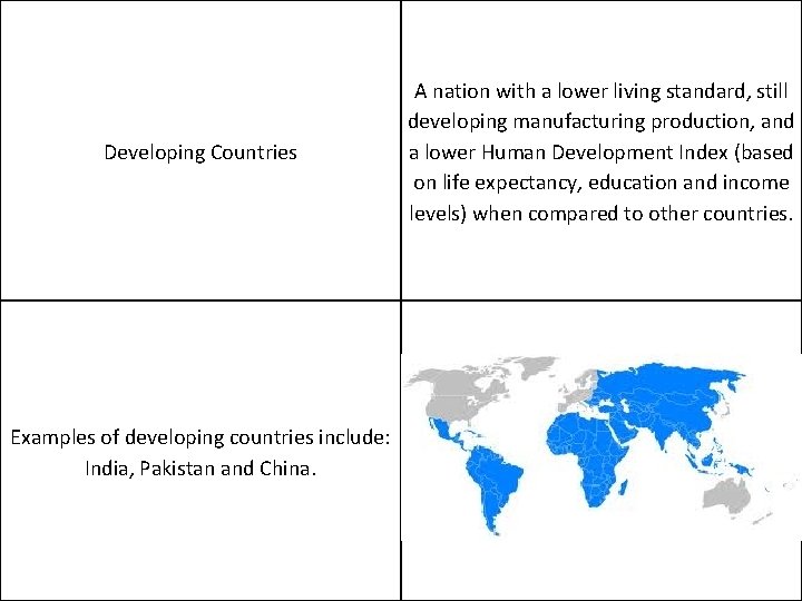 Developing Countries Examples of developing countries include: India, Pakistan and China. A nation with