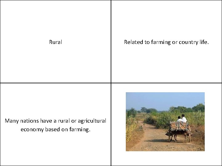 Rural Many nations have a rural or agricultural economy based on farming. Related to