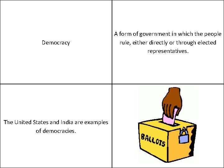 Democracy The United States and India are examples of democracies. A form of government
