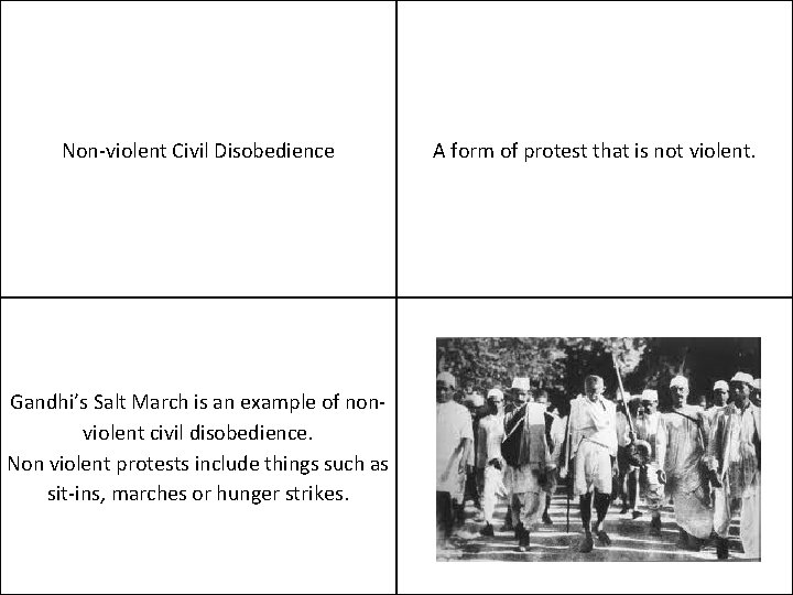 Non-violent Civil Disobedience Gandhi’s Salt March is an example of nonviolent civil disobedience. Non