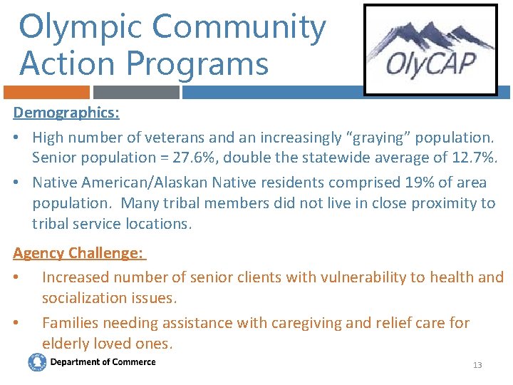 Olympic Community Action Programs Demographics: • High number of veterans and an increasingly “graying”