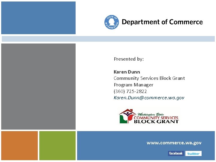 Presented by: Karen Dunn Community Services Block Grant Program Manager (360) 725 -2822 Karen.