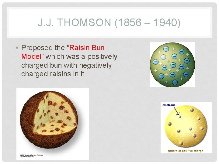 J. J. THOMSON (1856 – 1940) • Proposed the “Raisin Bun Model” which was