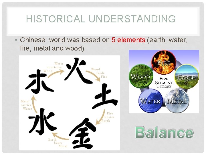 HISTORICAL UNDERSTANDING • Chinese: world was based on 5 elements (earth, water, fire, metal