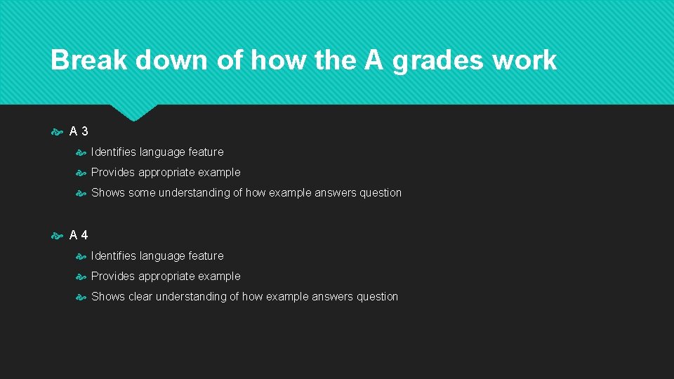 Break down of how the A grades work A 3 Identifies language feature Provides