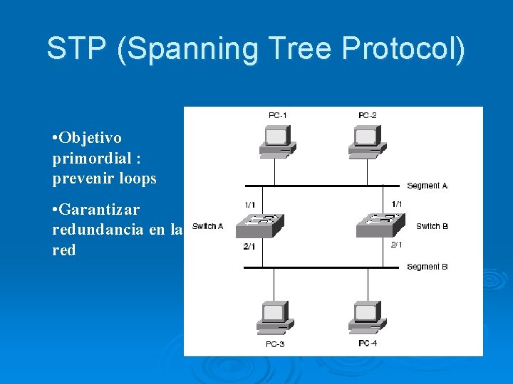 STP (Spanning Tree Protocol) • Objetivo primordial : prevenir loops • Garantizar redundancia en