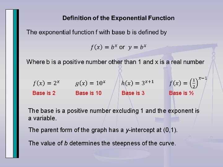 Base is 2 Base is 10 Base is 3 Base is ½ The base Base is 2 Base is 10 Base is 3 Base is ½ The base