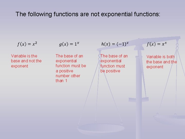 The following functions are not exponential functions: Variable is the base and not the The following functions are not exponential functions: Variable is the base and not the