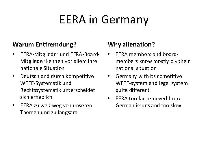 EERA in Germany Warum Entfremdung? Why alienation? • EERA-Mitglieder und EERA-Board. Mitglieder kennen vor