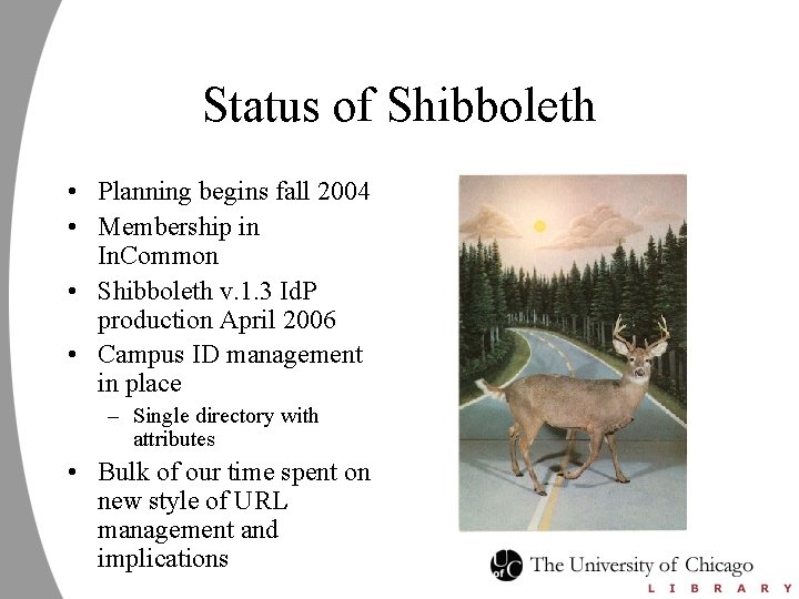 Status of Shibboleth • Planning begins fall 2004 • Membership in In. Common •