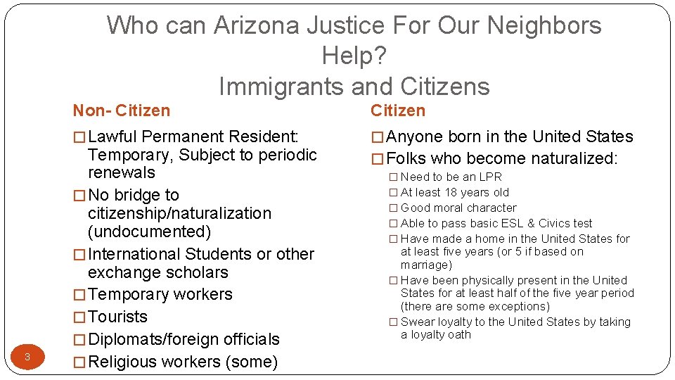 Who can Arizona Justice For Our Neighbors Help? Immigrants and Citizens 3 Non- Citizen