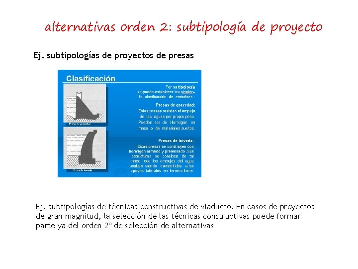 alternativas orden 2: subtipología de proyecto Ej. subtipologías de proyectos de presas Ej. subtipologías
