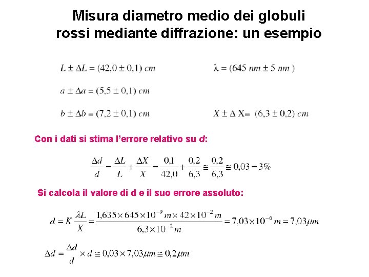 Misura diametro medio dei globuli rossi mediante diffrazione: un esempio Con i dati si