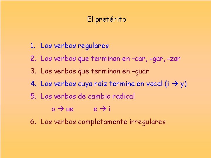 El pretérito 1. Los verbos regulares 2. Los verbos que terminan en –car, -gar,