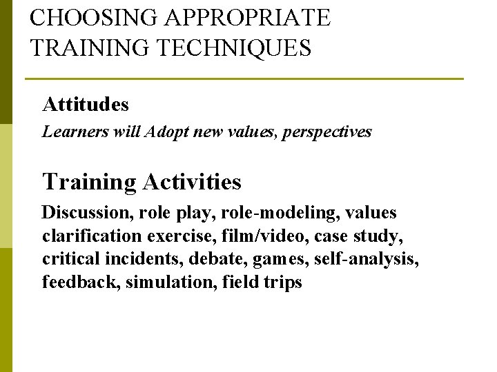 CHOOSING APPROPRIATE TRAINING TECHNIQUES Attitudes Learners will Adopt new values, perspectives Training Activities Discussion,