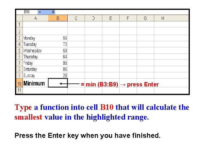 = min (B 3: B 9) → press Enter Type a function into cell