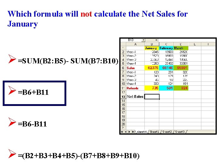 Which formula will not calculate the Net Sales for January Ø=SUM(B 2: B 5)-