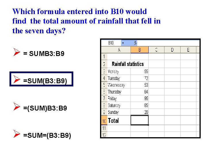 Which formula entered into B 10 would find the total amount of rainfall that