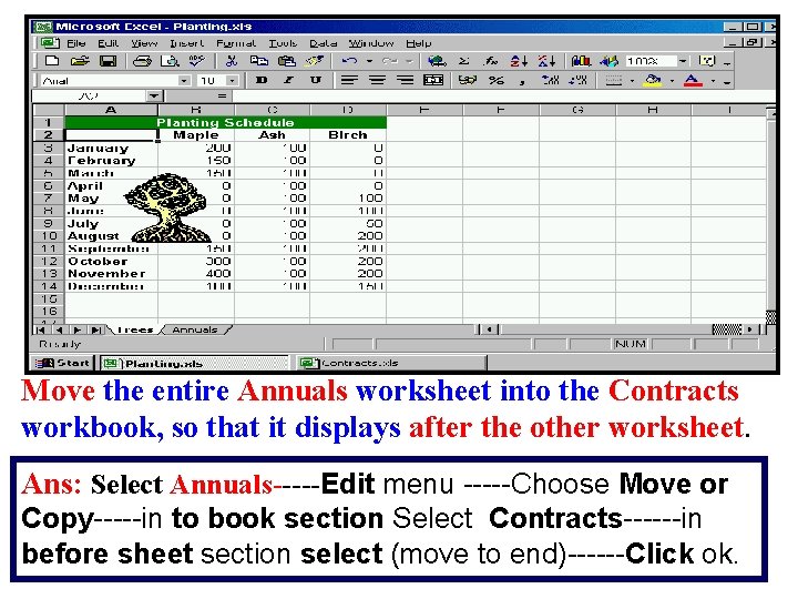 Move the entire Annuals worksheet into the Contracts workbook, so that it displays after