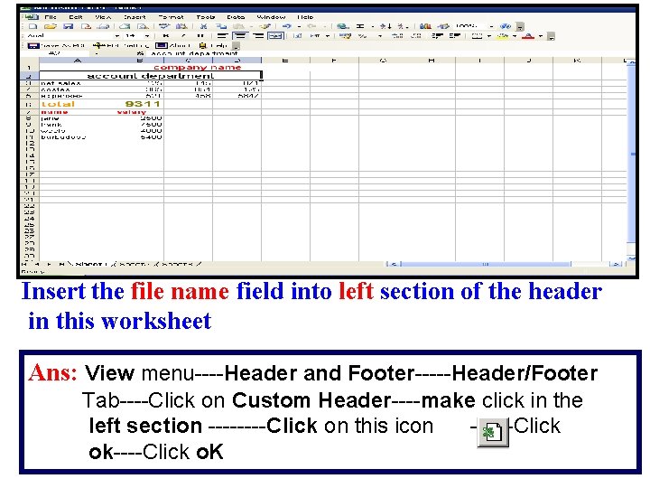 Insert the file name field into left section of the header in this worksheet