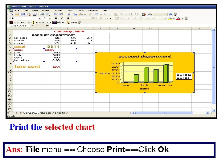 Print the selected chart Ans: File menu ---- Choose Print-----Click Ok 