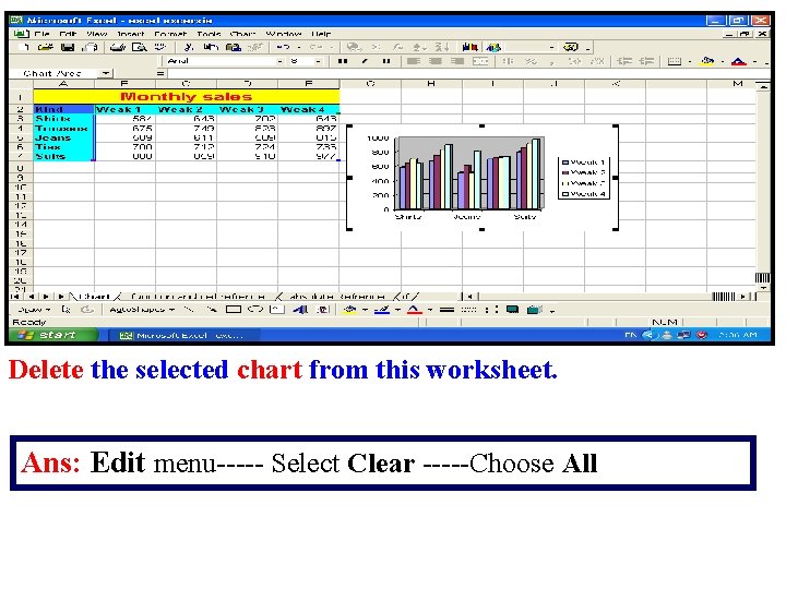 Delete the selected chart from this worksheet. Ans: Edit menu----- Select Clear -----Choose All