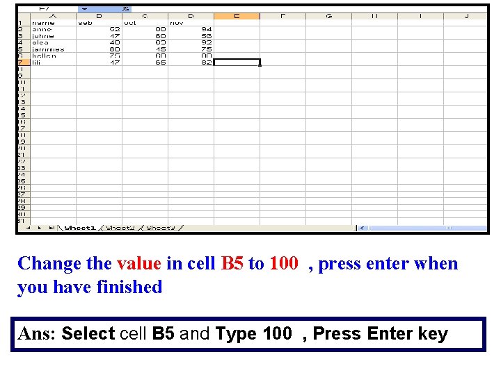 Change the value in cell B 5 to 100 , press enter when you