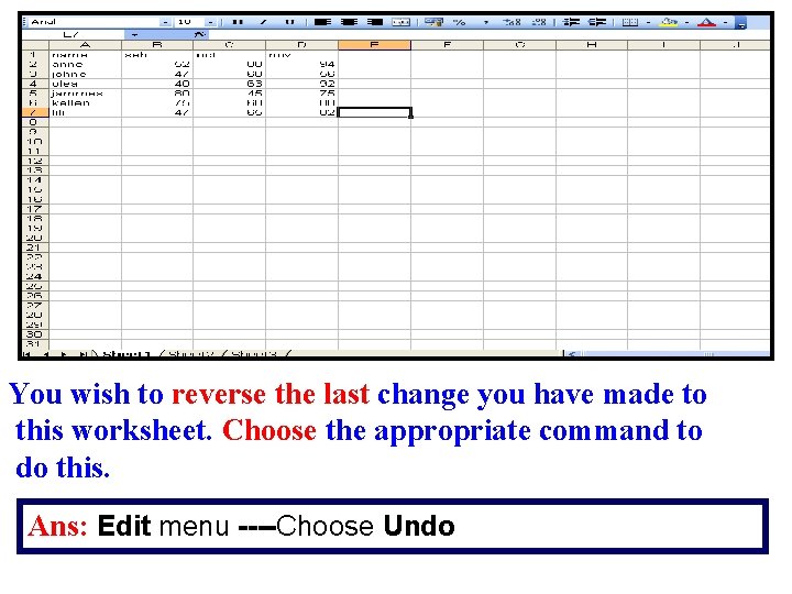 You wish to reverse the last change you have made to this worksheet. Choose