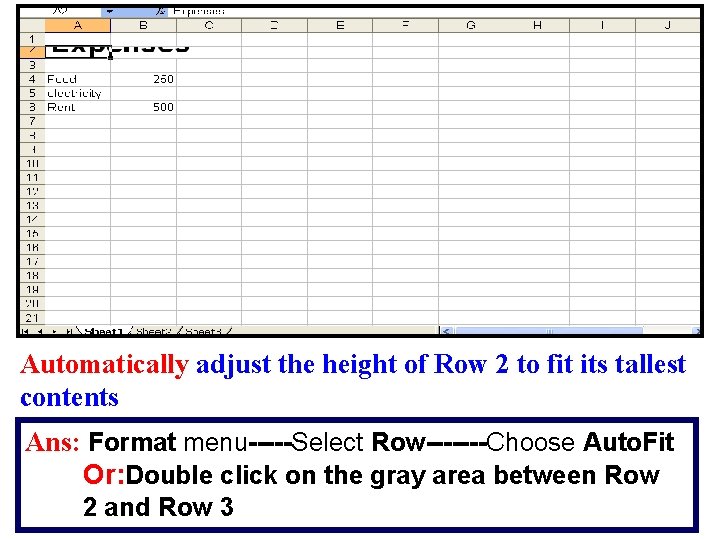 Automatically adjust the height of Row 2 to fit its tallest contents Ans: Format