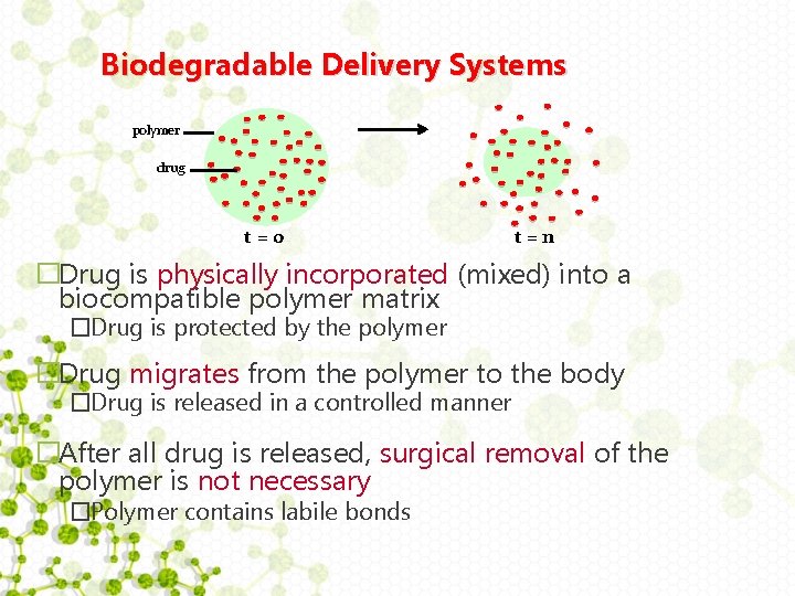 Biodegradable Delivery Systems polymer drug t=0 t=n �Drug is physically incorporated (mixed) into a
