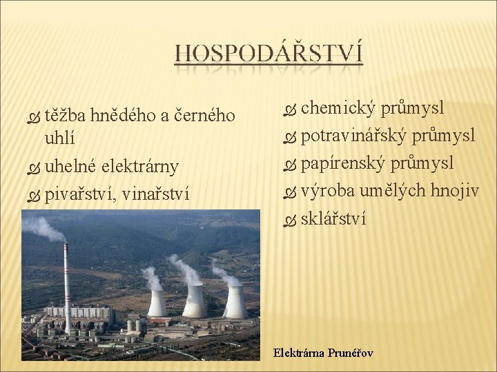 těžba hnědého a černého uhlí uhelné elektrárny pivařství, vinařství chemický průmysl potravinářský průmysl papírenský