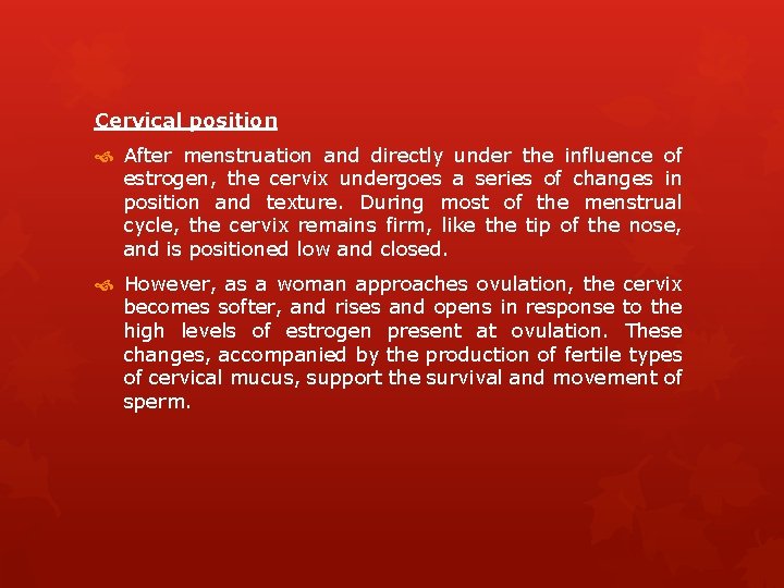 Cervical position After menstruation and directly under the influence of estrogen, the cervix undergoes