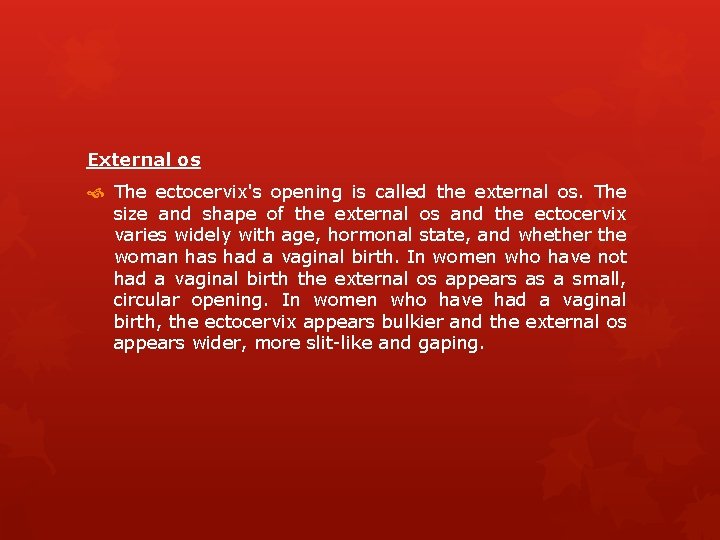 External os The ectocervix's opening is called the external os. The size and shape