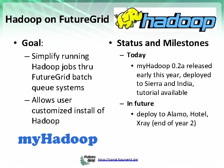 Hadoop on Future. Grid • Goal: • Status and Milestones – Simplify running Hadoop