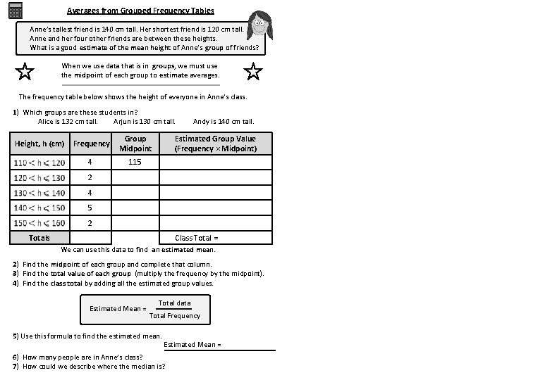 Averages from Grouped Frequency Tables Anne’s tallest friend is 140 cm tall. Her shortest