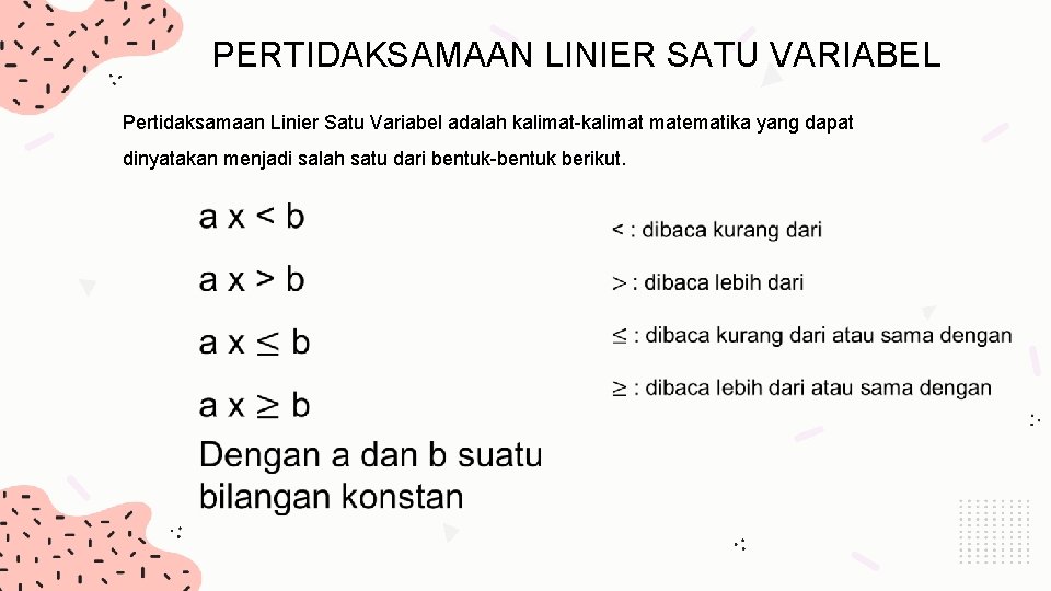PERTIDAKSAMAAN LINIER SATU VARIABEL Pertidaksamaan Linier Satu Variabel adalah kalimat-kalimat matematika yang dapat dinyatakan