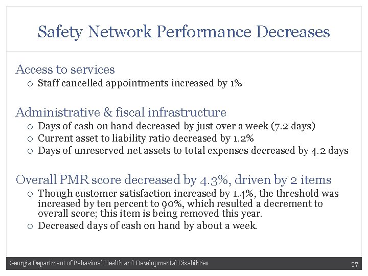 Safety Network Performance Decreases Access to services Staff cancelled appointments increased by 1% Administrative