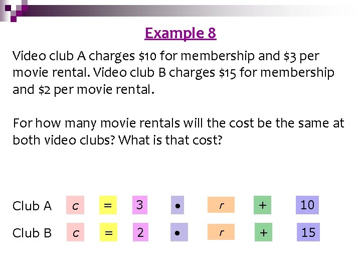 Solving Systems by Example 8 Graphing Video club A charges $10 for membership and