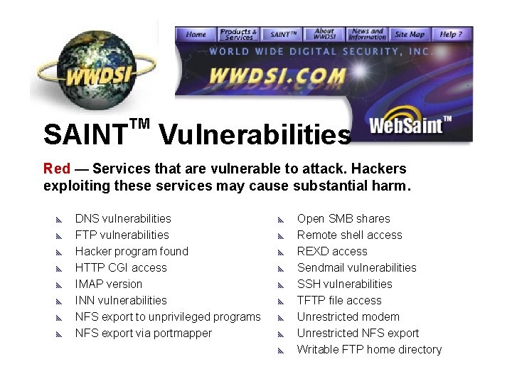 SAINT TM Vulnerabilities Red — Services that are vulnerable to attack. Hackers exploiting these