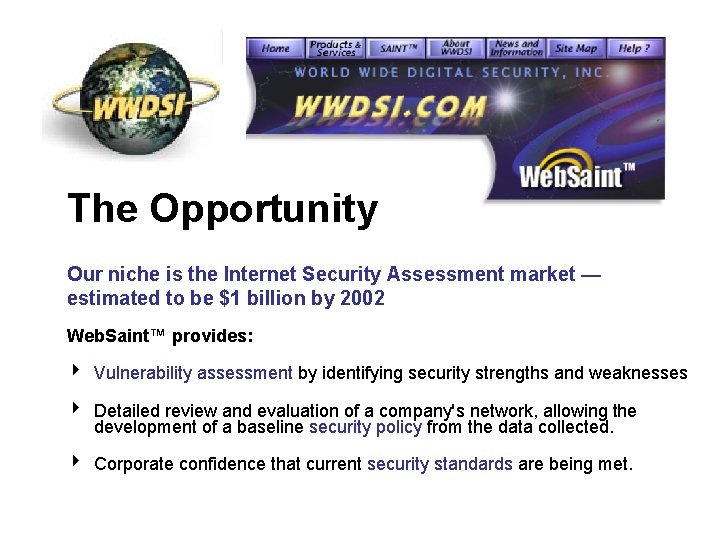 The Opportunity Our niche is the Internet Security Assessment market — estimated to be